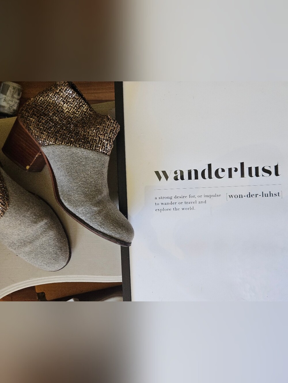Toms Gray Suede Block Heel Ankle Booties with Woven Cuff